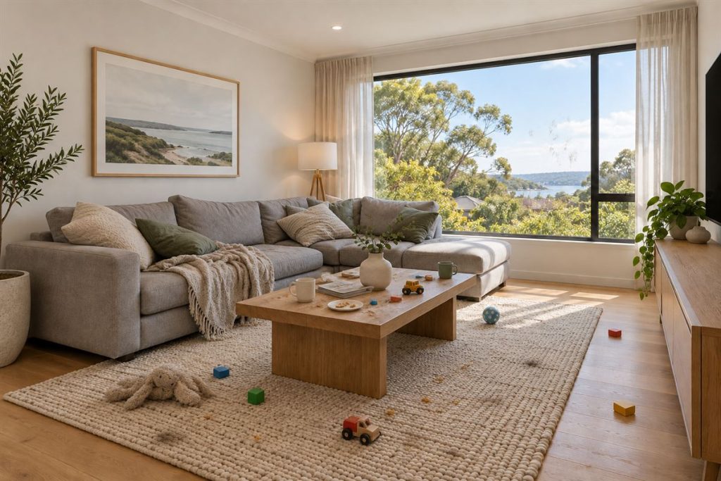 Untidy living room with toys and clutter before home cleaning
