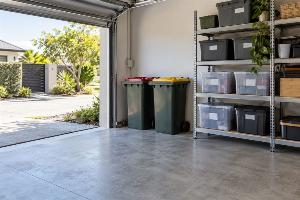 Clear, swept garage with tidy bins after trash removal