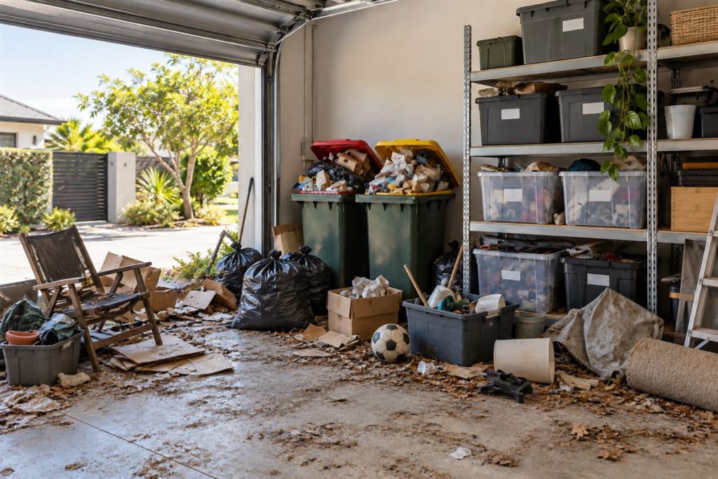 Garage full of rubbish bags and junk before trash removal